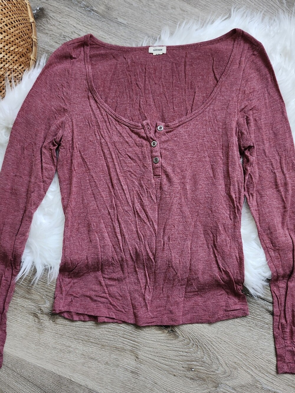 Garage Long-Sleeve Scoop Neck Henley Top in Mauve